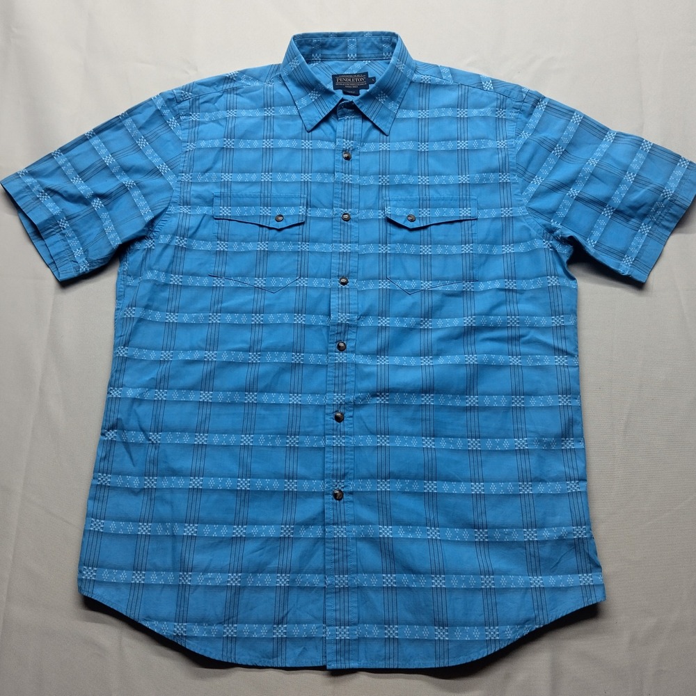Pendleton Mens Large Blue Dobby Geometric Stripe Cotton Short Sleeve Shirt - Picture 2 of 7